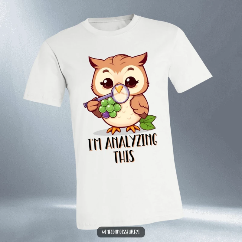 Funny t-shirt showing a cheerful owl character holding a magnifying glass, closely inspecting a single grape. A comical scene for humor lovers.