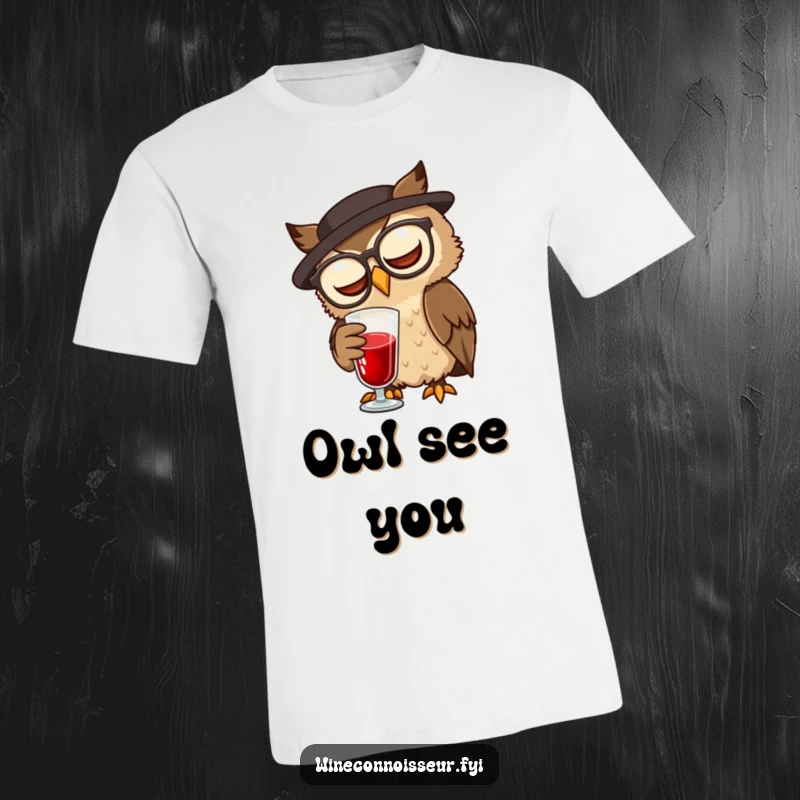 Funny wise brown owl wearing spectacles swirling red wine, on a funny t-shirt.