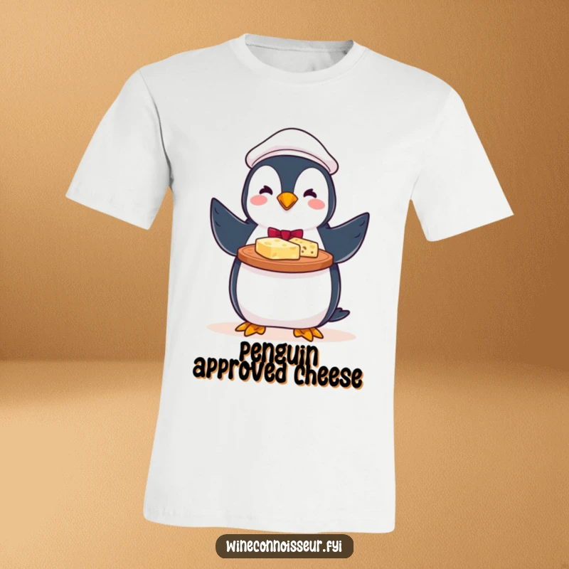 Funny t-shirt design of a perky penguin server with a proud flourish, offering a delicious cheese platter.