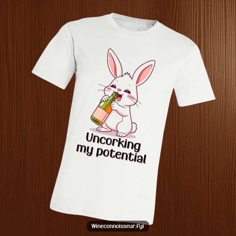Funny rabbit character with determined expression uncorking a miniature wine bottle on a humorous t-shirt.