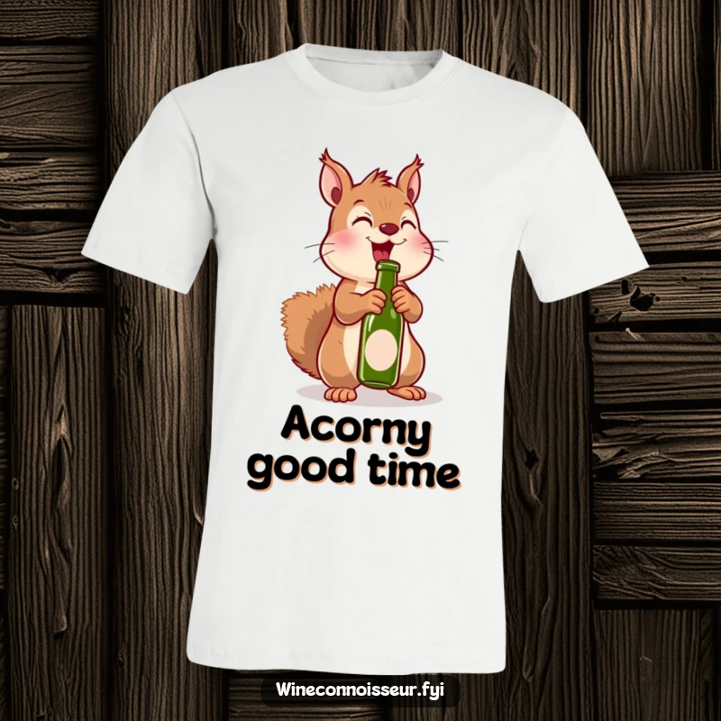 Funny t-shirt with a kawaii squirrel character excitedly uncorking a miniature bottle, capturing pure celebratory humor.