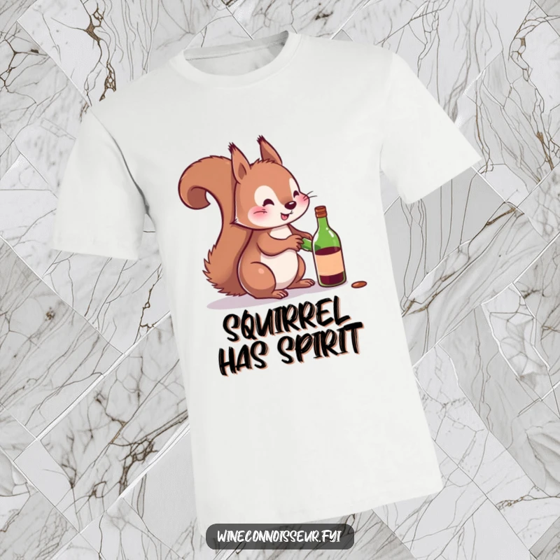 Funny t-shirt depicting a playful squirrel attempting to uncork a miniature wine bottle, representing a desire for fun.
