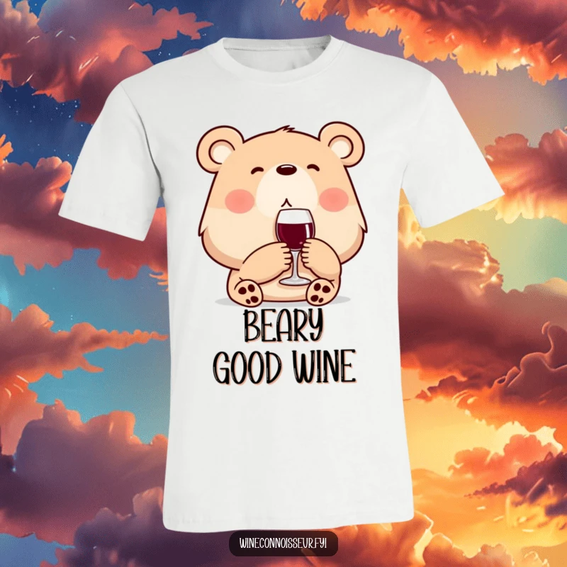 Funny wine bear t-shirt showcasing a happy bear savoring a sip of wine. Relaxed and humorous apparel for wine fans.