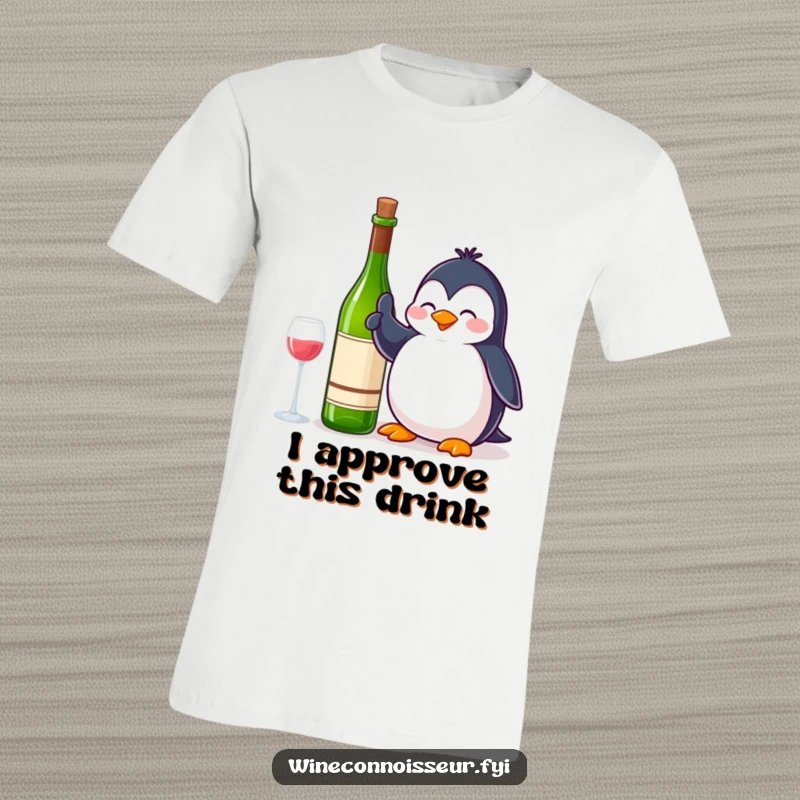 Funny T-Shirt: A contented penguin giving a thumbs up next to a wine bottle, symbolizing approval and a love for relaxation.