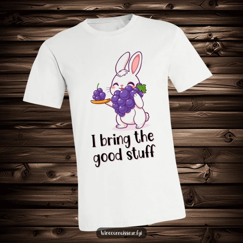 Funny t-shirt depicting a delighted rabbit carefully presenting a single perfect grape, showcasing meticulous service and a charming, humorous personality.
