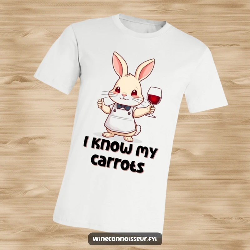 Funny brave rabbit sommelier t-shirt, wearing apron, nodding wisely, sophisticated bunny wearing wine expert attire.
