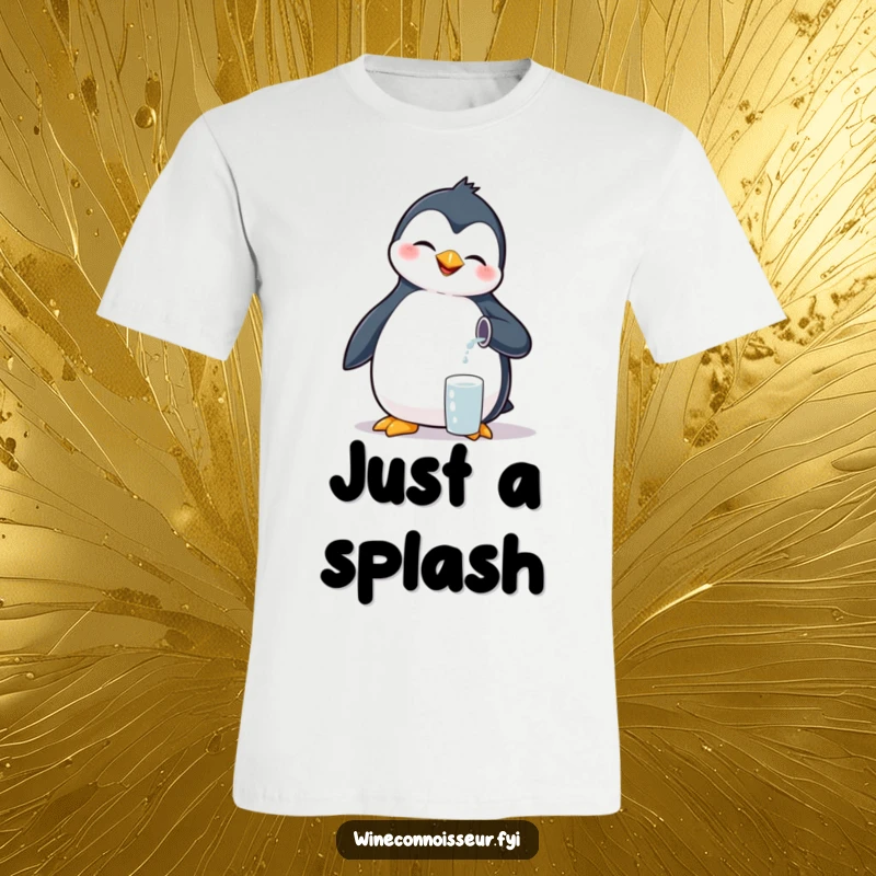 Funny giggling penguin t-shirt, pouring minuscule liquid, adorable and humorous bird apparel.