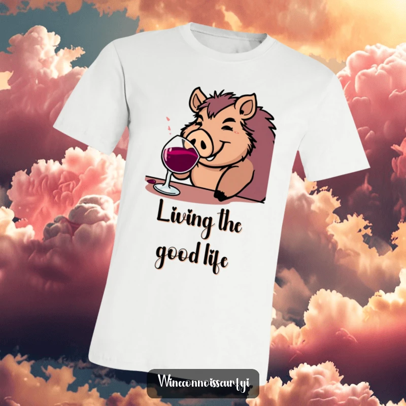 Funny boar t-shirt with a jovial character happily sipping from a substantial wine goblet, great for humorous casual wear.