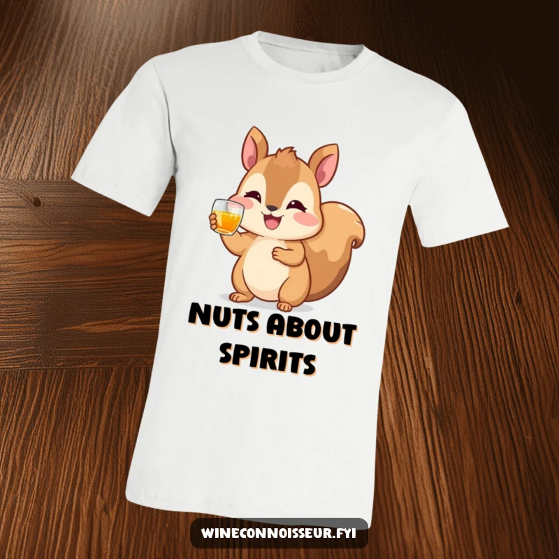 Funny t-shirt depicting a happy squirrel character raising a tiny glass of amber liquid, ready for a cheerful toast and celebration.