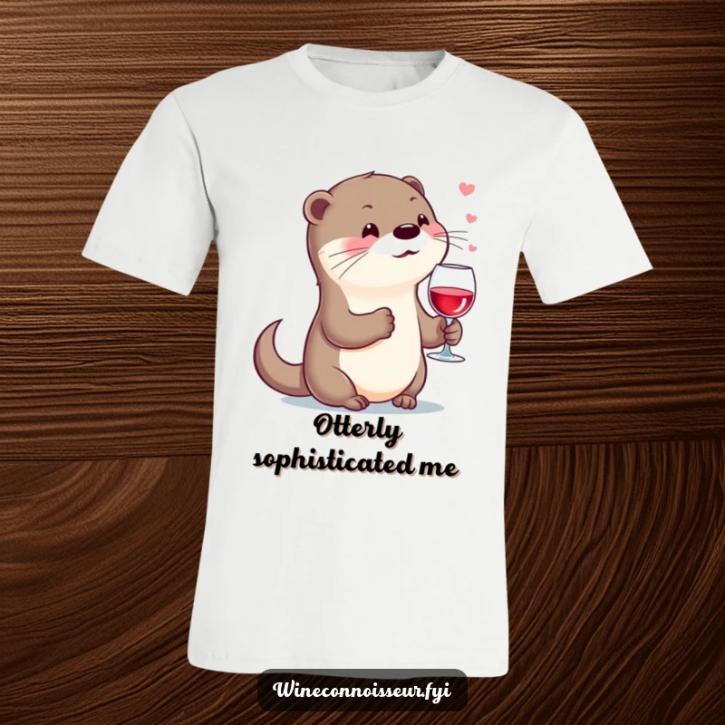 Funny kawaii otter t-shirt, character holding wine glass, sighing contentedly, classy and amusing apparel.