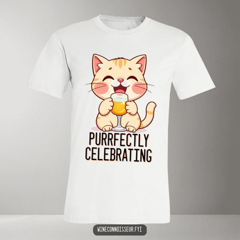 Funny cat t-shirt featuring a delighted cat character raising a miniature glass for a toast, symbolizing joy and festivity.