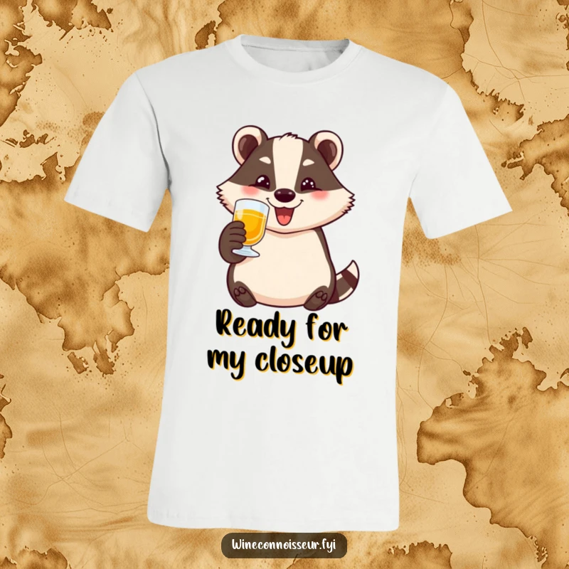 Funny badger t-shirt featuring a happy character toasting with a small glass, wide smile, perfect for humorous apparel gifts.