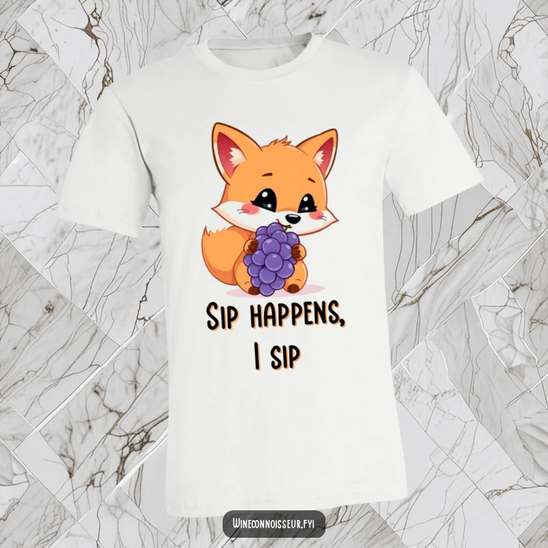 Funny t-shirt with a cheerful fox sniffing a grape, examining it with a curious and discerning expression.