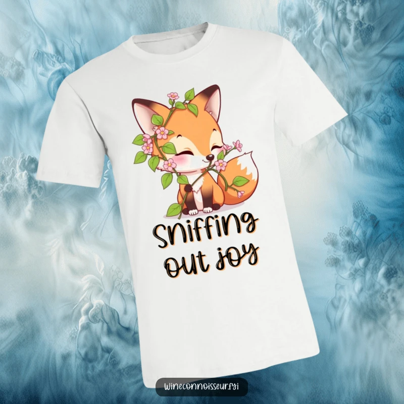 Funny t-shirt featuring a curious fox character with eyes closed in delight, sniffing a blossoming vine. A joyful and comical design.
