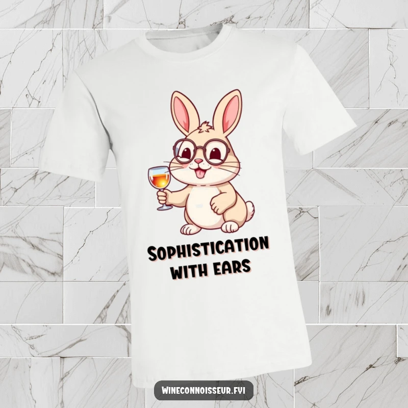 Funny t-shirt featuring a cheerful rabbit with a monocle, holding a tiny wine glass, embodying refined and humorous style.