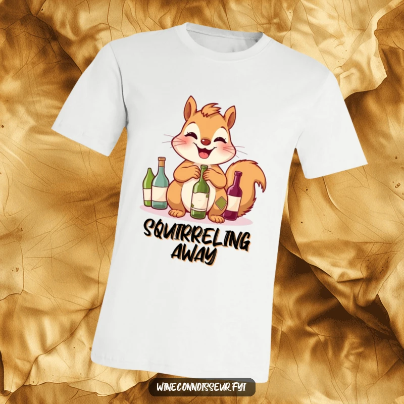 Funny Squirrel T-Shirt: A giggling squirrel proudly displays its stash of tiny wine bottles, looking quite pleased with itself.
