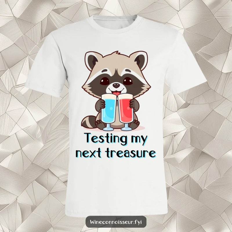 Funny t-shirt featuring a cheerful raccoon intently comparing two different colored liquid samples, embodying scientific curiosity with a mischievous grin.