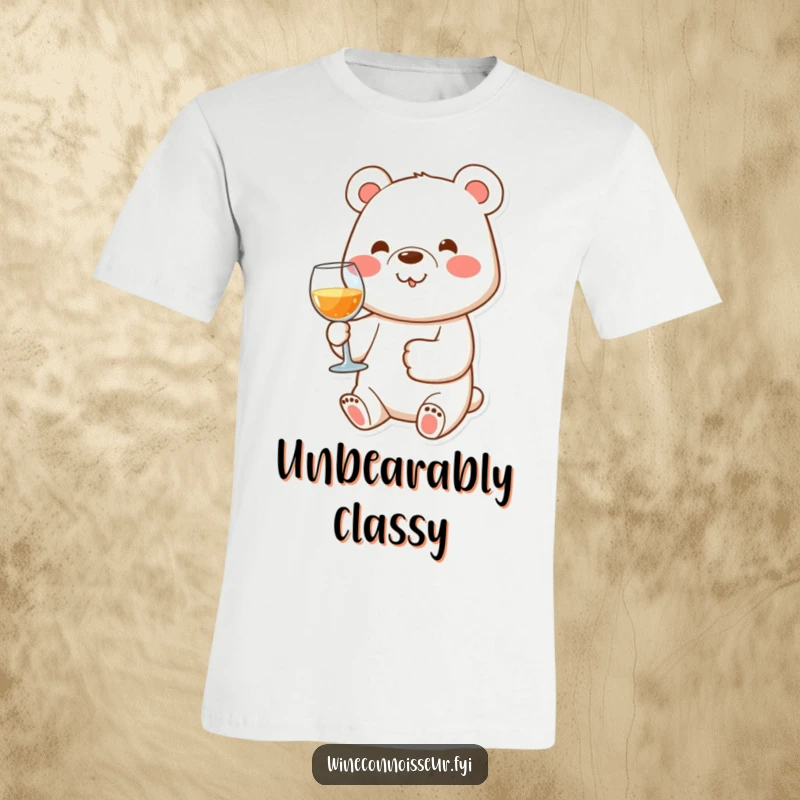 Funny t-shirt featuring a happy bear character holding a wine glass with its paw, embodying playful wine enjoyment.