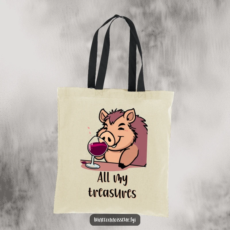 Funny boar tote bag with a jovial character happily sipping from a substantial wine goblet, perfect for carrying humorously.