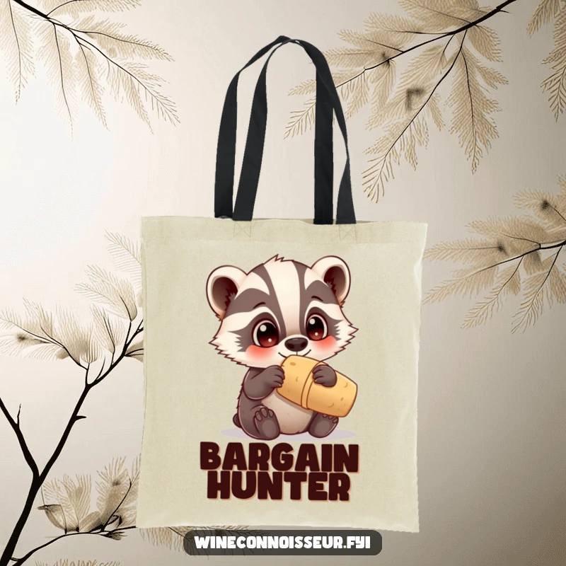Funny tote bag showing a curious Kawaii badger examining a cork, adorable animal illustration, practical and humorous gift.