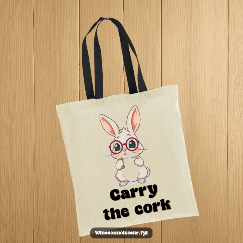 Funny rabbit with monocle examining cork tote bag, perfect for carrying essentials with a touch of sophisticated humor.