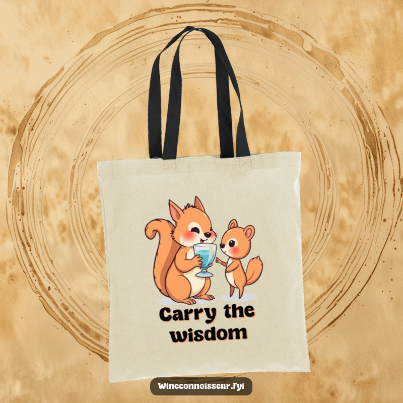 Funny tote bag depicting a wise squirrel offering a drink, symbolizing sharing and a commitment to spreading positivity.