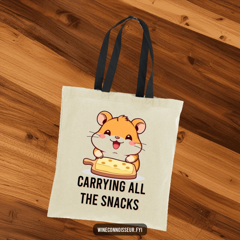 Funny tote bag with a cute kawaii hamster presenting a cheese board, demonstrating a humorous and practical design for gifting.