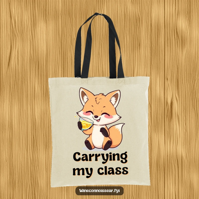 Funny tote bag depicting a happy, sophisticated fox character enjoying sparkling beverage, offering a chic and amusing carry-all.