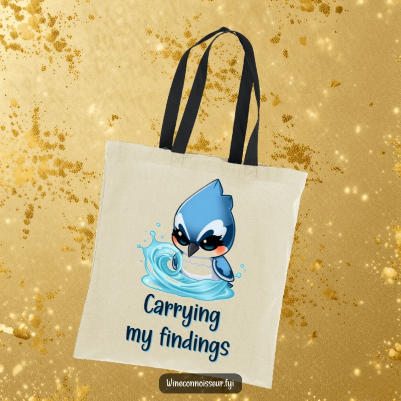 Funny tote bag with a determined blue jay character analyzing a swirling liquid, a smart and humorous accessory.