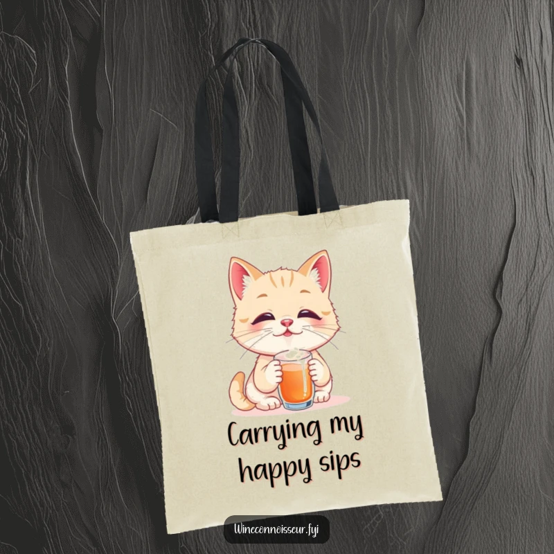 Funny tote bag featuring a playful cat taster savoring a tiny sip with eyes closed in pure bliss, perfect for carrying items with charming humor.