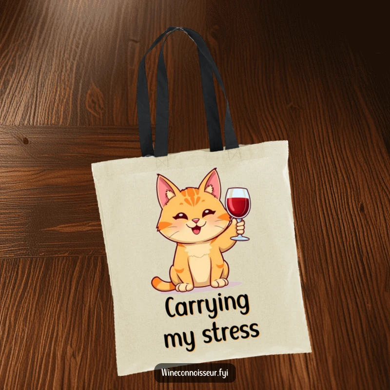 Funny orange tabby cat wine tote bag, smiling and holding a glass, stylish for shopping, a practical and funny gift for cat owners.