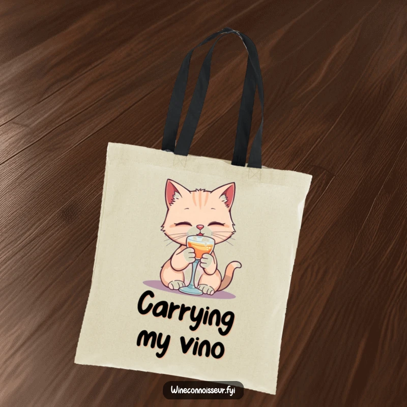 Funny tote bag with a kawaii cat character elegantly sipping from a tiny goblet, embodying sophisticated feline humor.