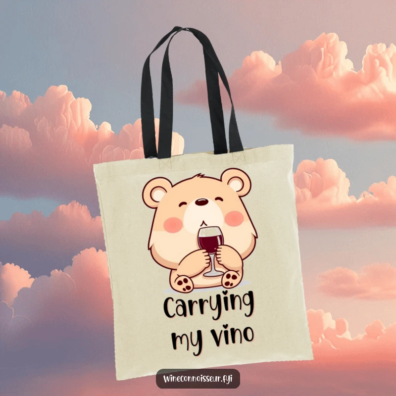 Funny wine bear tote bag showing a content bear sipping wine. Practical and humorous for everyday use.