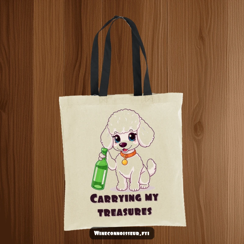 Funny white poodle tote bag, sophisticated gesture towards a bottle, elegant and practical, ideal for shopping, a chic funny gift.