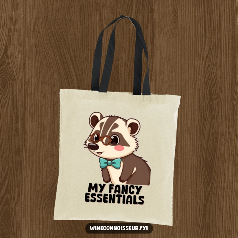Funny tote bag featuring a surprised badger character wearing a tiny monocle and bow tie, perfect for sophisticated and humorous errands.