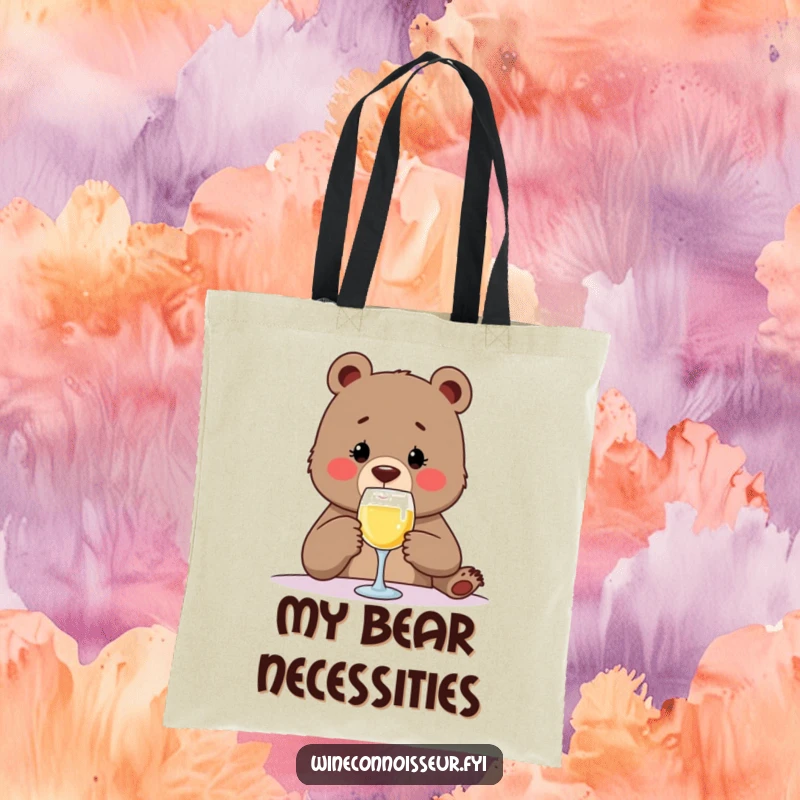 Funny tote bag featuring a determined bear delicately tasting wine from a small glass, a humorous and chic accessory for daily use.