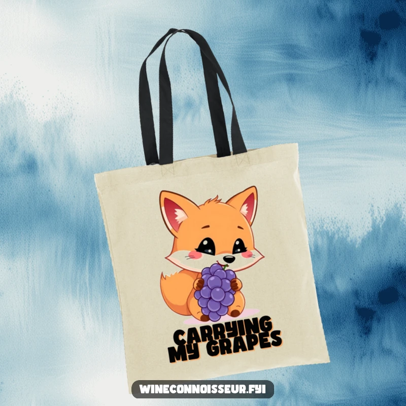 Funny tote bag with a cheerful fox sniffing a grape, examining it with a curious and discerning gaze.
