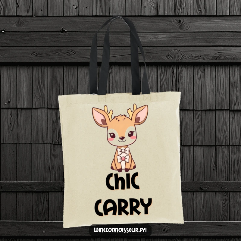 Funny tote bag showing a sophisticated Kawaii deer wearing a tiny bowtie, elegant animal artwork, practical and humorous gift.