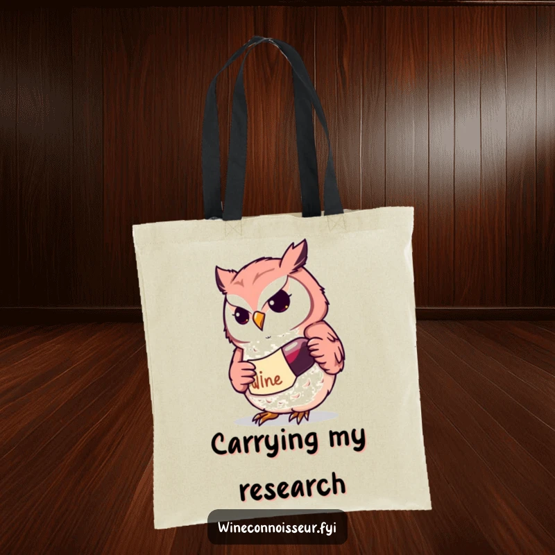 Funny Kawaii owl tote bag featuring a determined character studying a wine label, perfect for carrying items with intelligence and humor.
