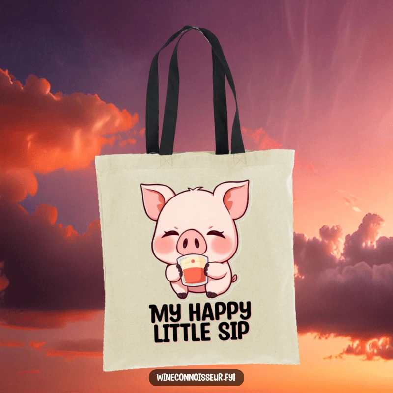 Funny Kawaii Pig Tote Bag: Features a giggling pig with eyes closed, savoring a sip, showcasing a hilarious and adorable design for carrying essentials.