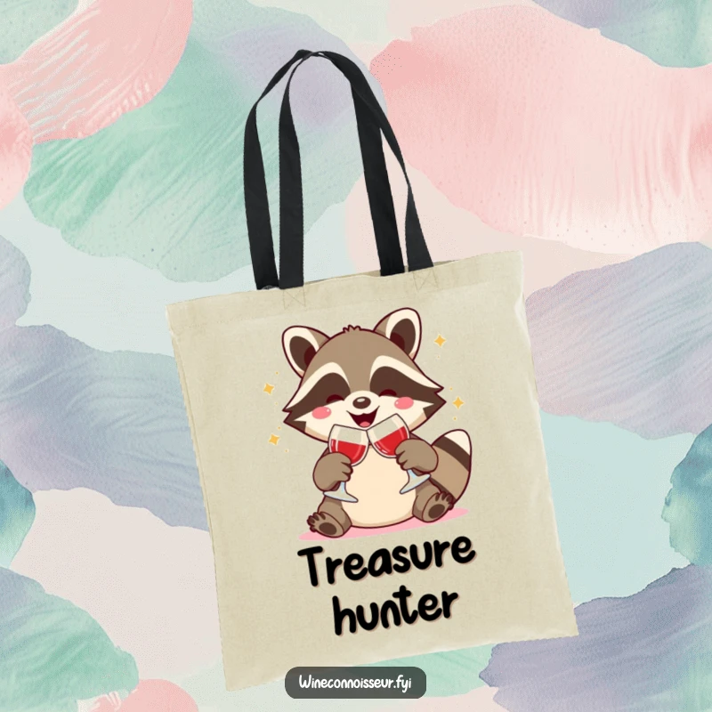 Funny tote bag showing a joyful Kawaii raccoon clinking wine glasses, adorable celebration artwork, practical and humorous gift.