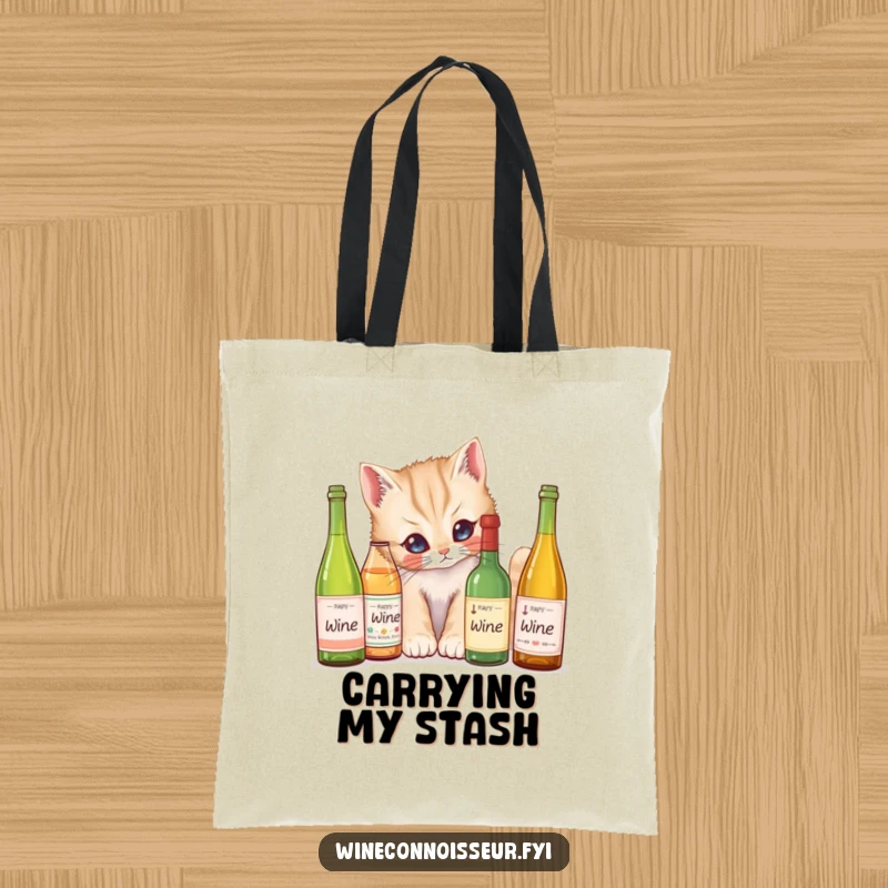 Funny Tote Bag: A curious kitten examining miniature wine bottles, perfect for carrying groceries with feline charm and humor.