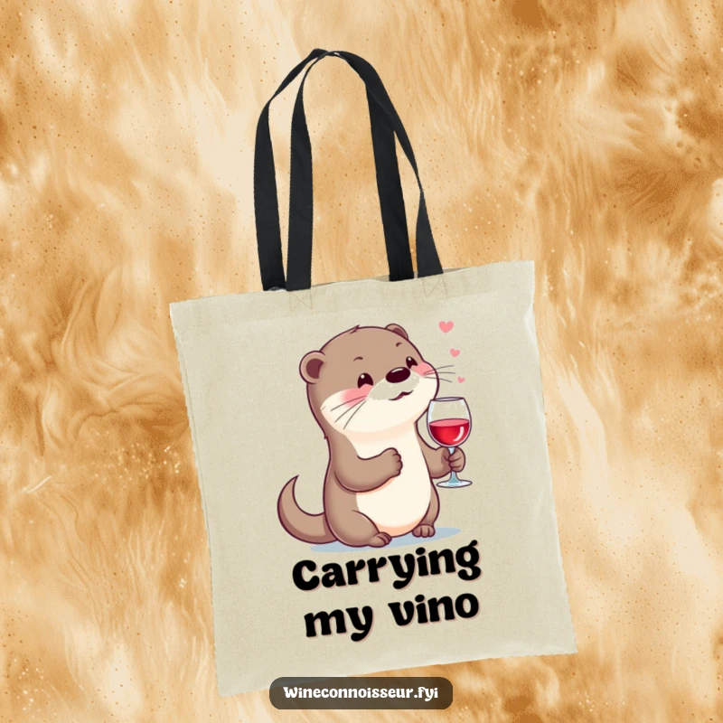 Funny kawaii otter tote bag, character holding wine glass, sighing contentedly, stylish and amusing accessory.