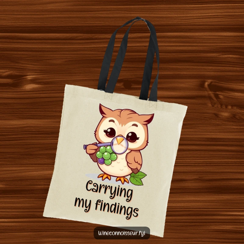 Funny tote bag illustrating a cheerful owl character with a magnifying glass scrutinizing a grape, symbolizing a humorous quest for knowledge.