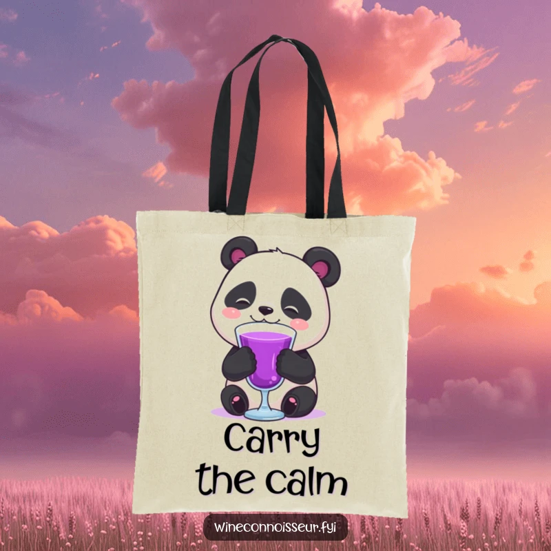 Funny happy panda enjoying purple liquid with a contented sigh, featured on a tote bag for humorous appeal.