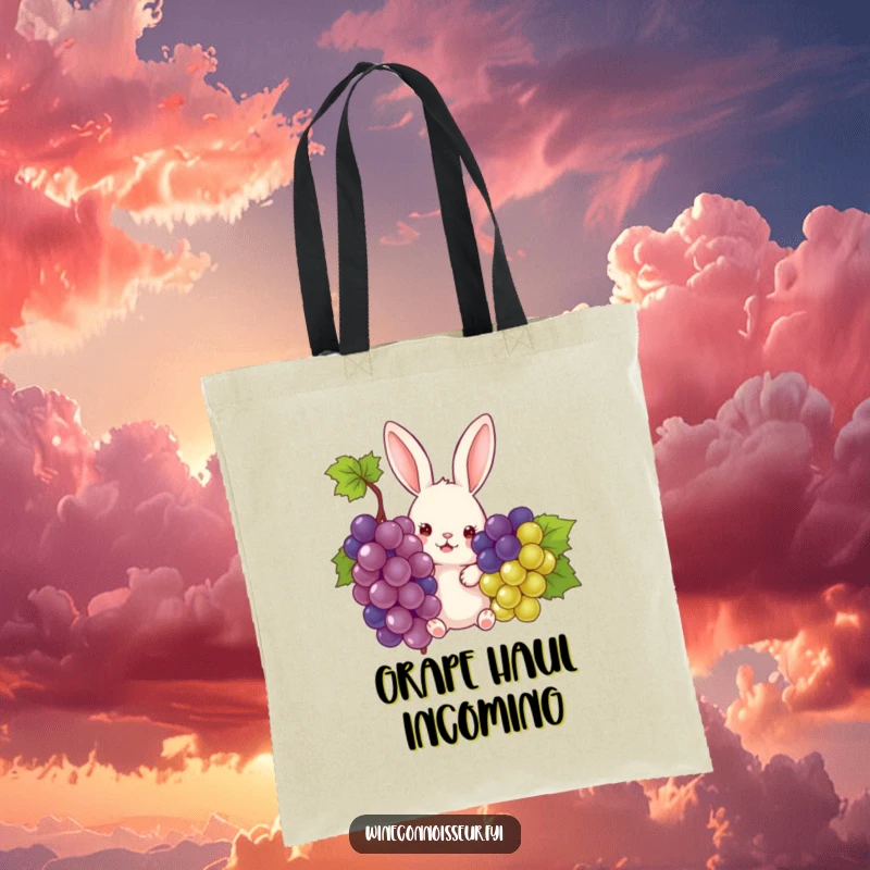 Funny rabbit peeking from grapes on a durable tote bag, a charming and humorous accessory for a funny gift.