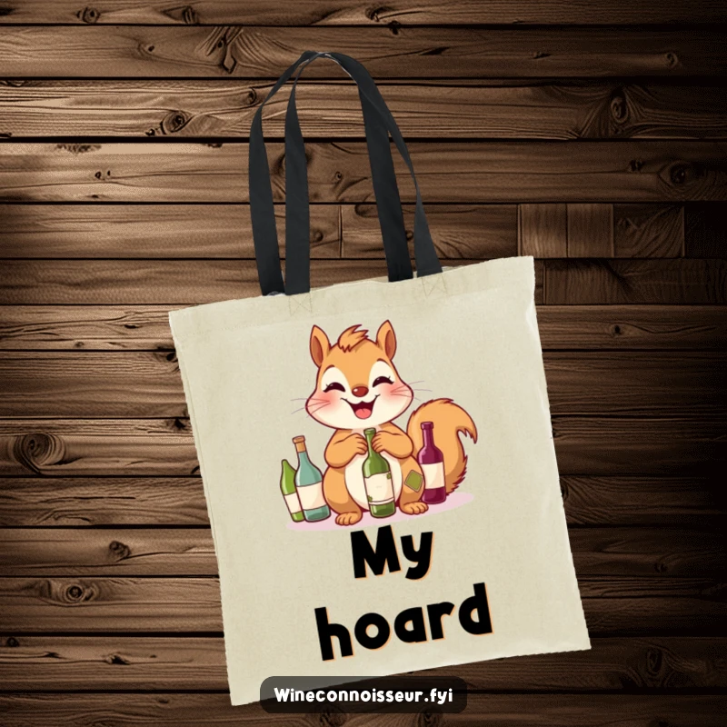 Funny Squirrel Tote Bag: A giggling squirrel proudly displays its tiny wine bottle collection, perfect for carrying everyday items.