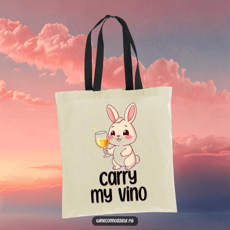 Funny tote bag with a smiling rabbit character holding a wine glass with a flourish, perfect for carrying essentials and joy.