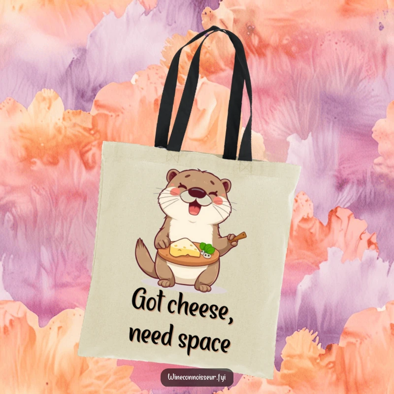Funny otter presenting a cheese platter on a durable tote bag, designed for cheese lovers, excellent funny gift.