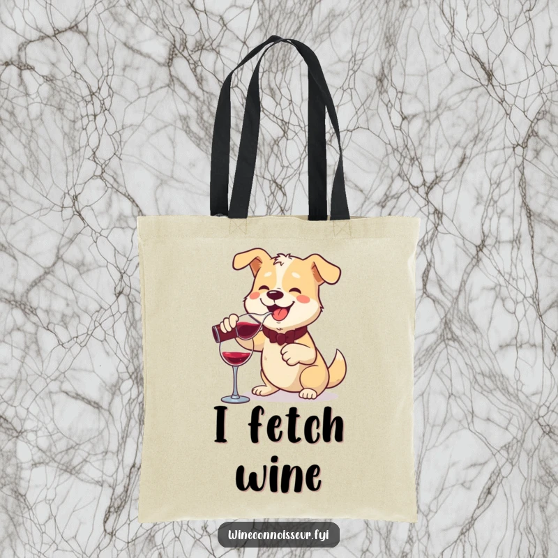 Funny tote bag with a cheerful dog pouring wine from a decanter with a flourish, perfect for carrying daily items with style.